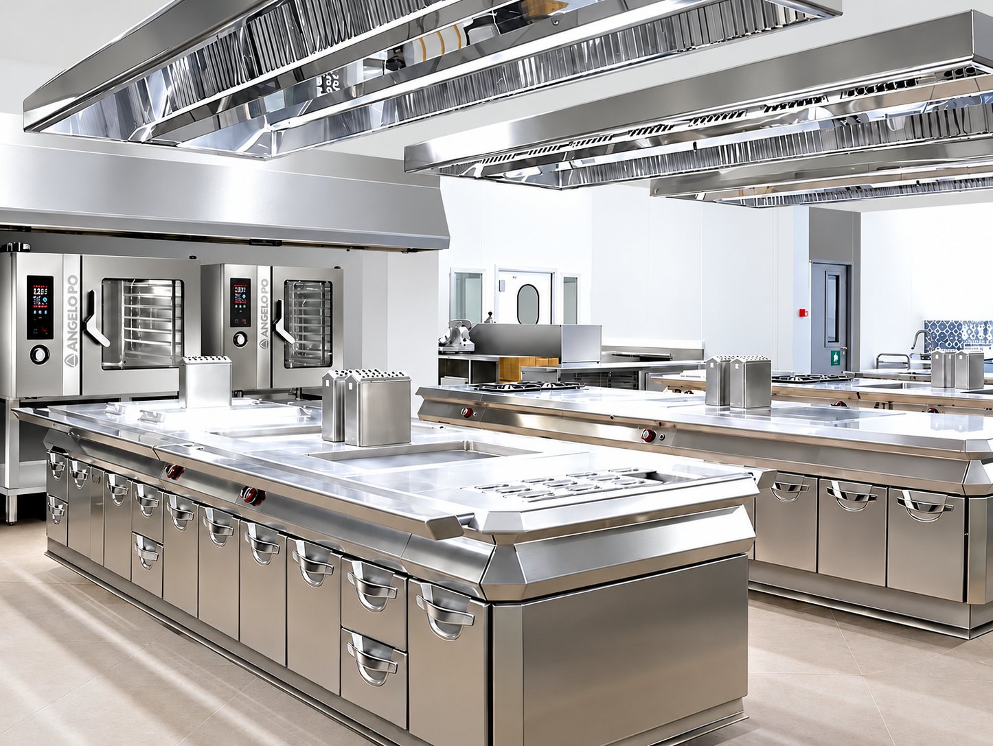 Grande cuisine professionnelle en inox avec îlots de cuisson centraux, hottes aspirantes et deux fours mixtes sur la gauche.