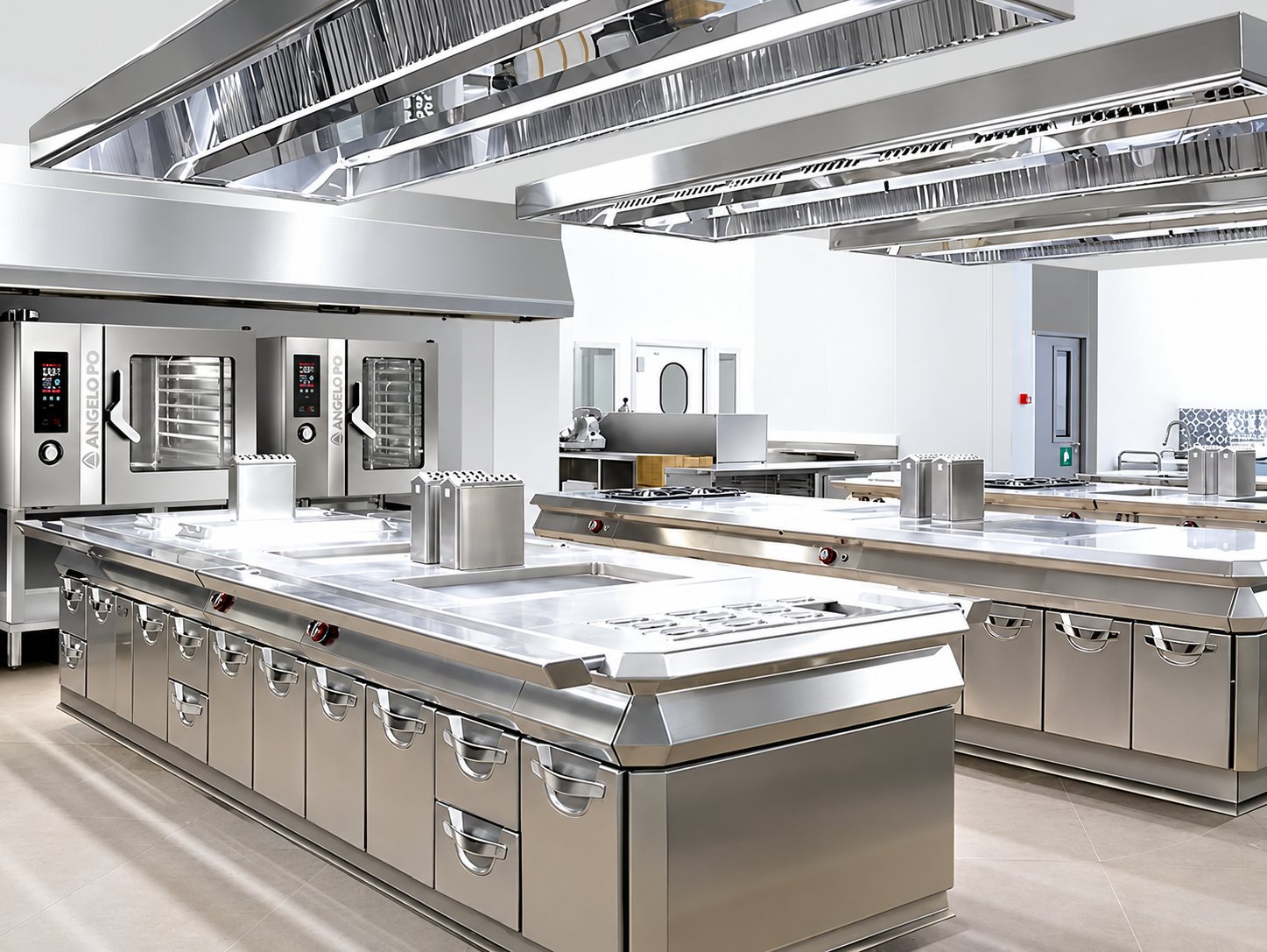 Grande cuisine professionnelle en inox avec îlots de cuisson centraux, hottes aspirantes et deux fours mixtes sur la gauche.