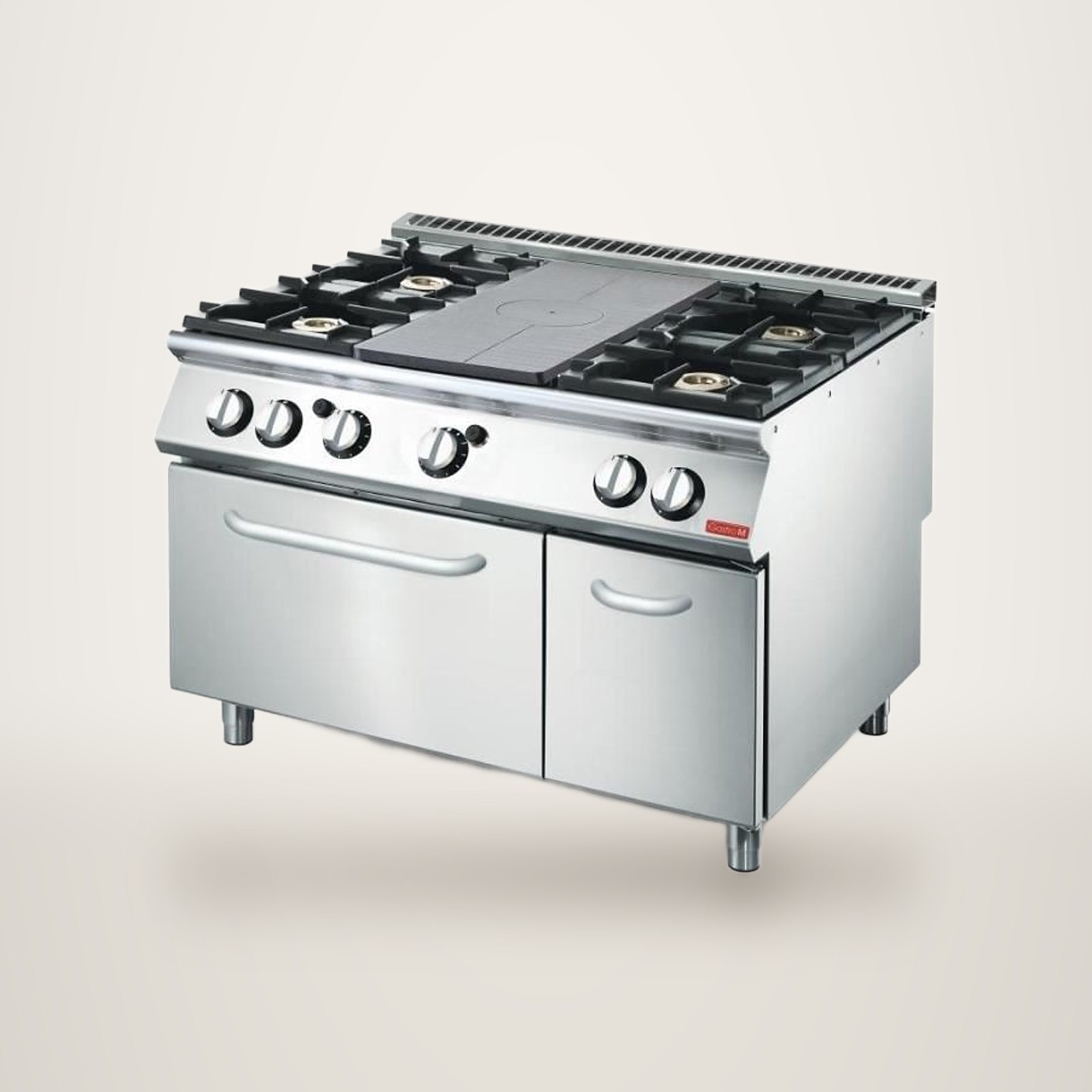 Cuisinière professionnelle en inox à quatre feux gaz, plaque centrale et grand four.