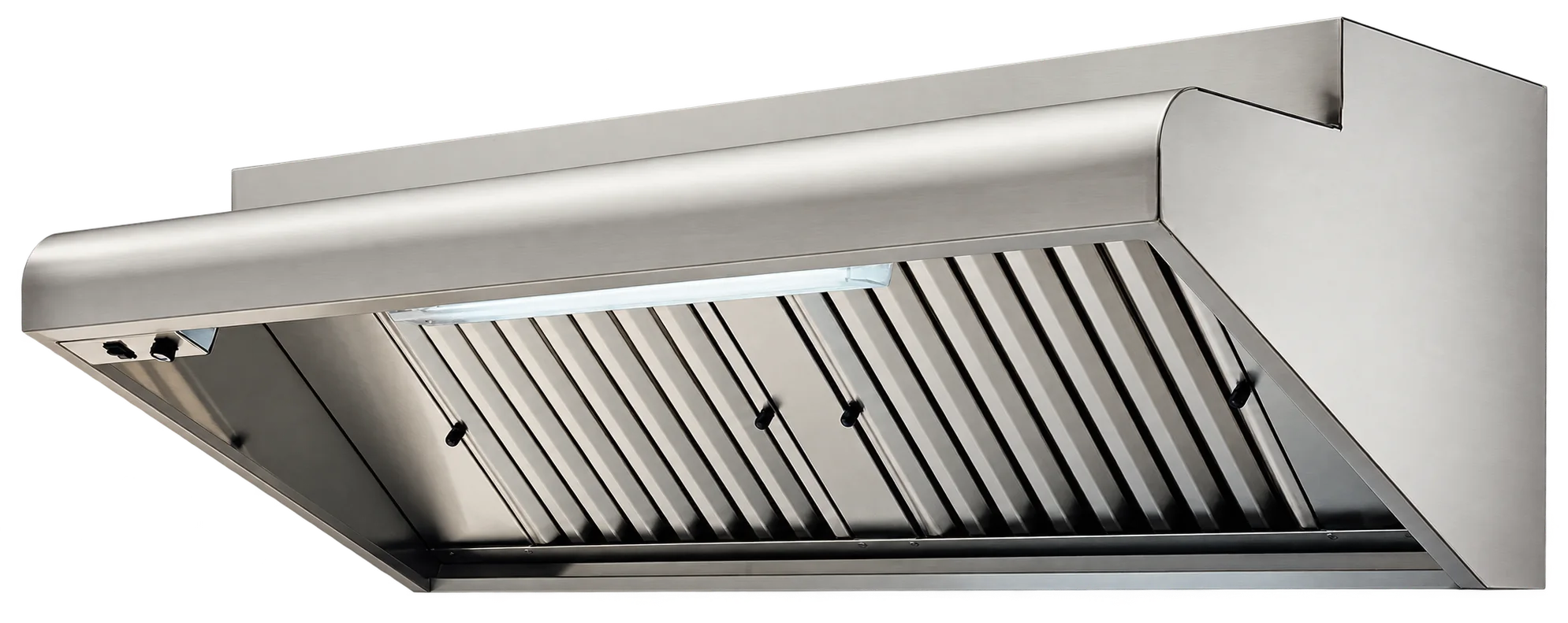 Hotte professionnelle en inox avec filtres à ailettes et réglette lumineuse.